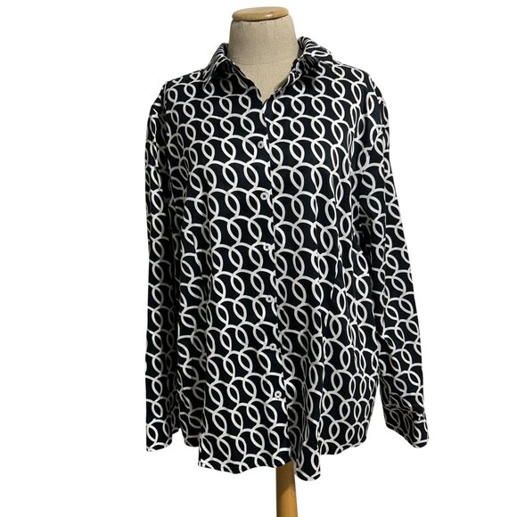 Chicos Womens Sz XXL No-Iron Black & White Geometric Button-Up Shirt Long Sleeve - Picture 1 of 9